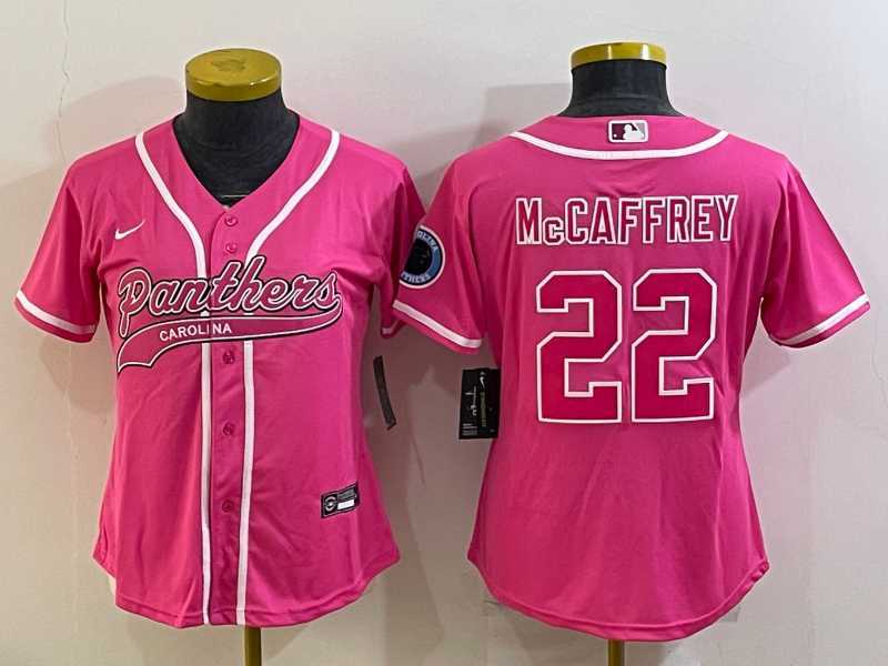 Womens Carolina Panthers #22 Christian McCaffrey Pink With Patch Cool Base Stitched Baseball Jersey->women nfl jersey->Women Jersey